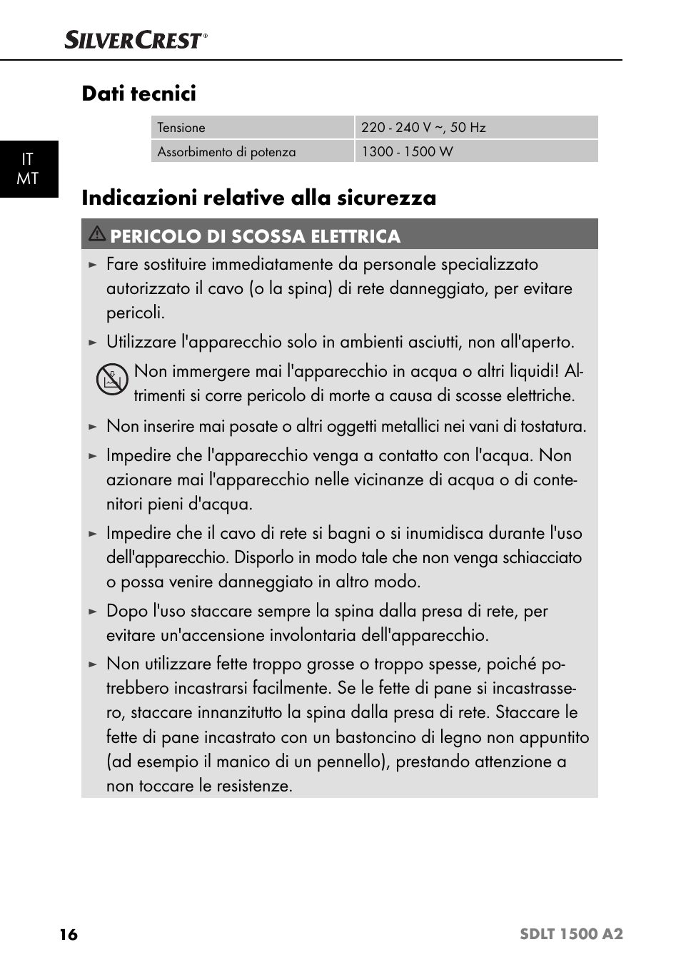 Dati tecnici, Indicazioni relative alla sicurezza, Pericolo di scossa elettrica | Silvercrest SDLT 1500 A2 User Manual | Page 19 / 63