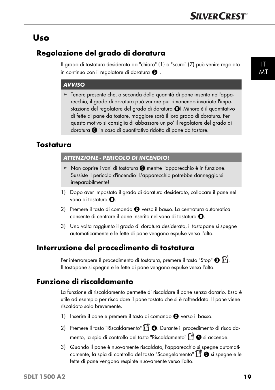 Regolazione del grado di doratura, Tostatura, Interruzione del procedimento di tostatura | Funzione di riscaldamento, It mt | Silvercrest SDLT 1500 A2 User Manual | Page 22 / 63