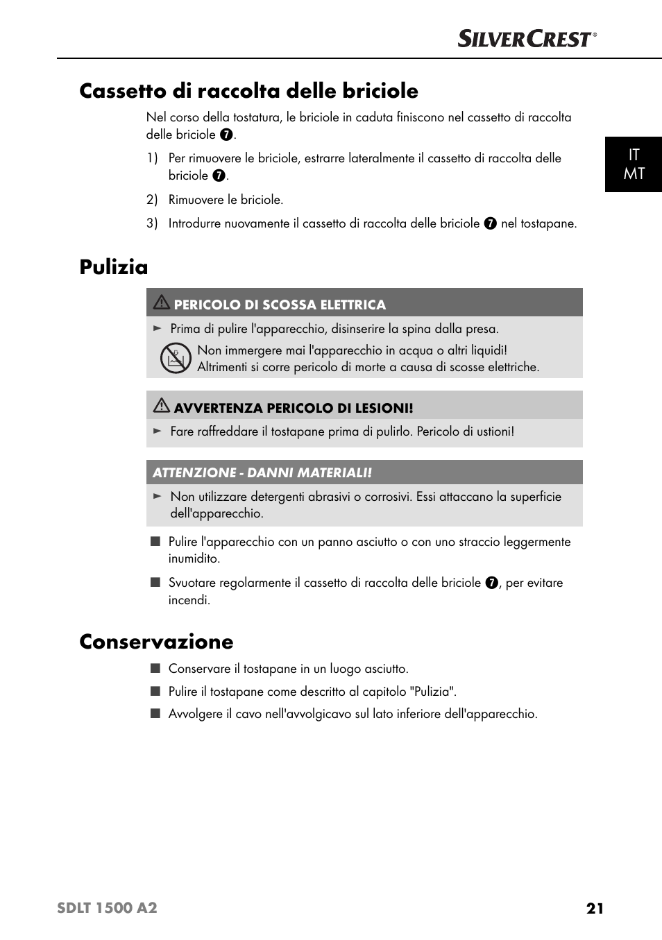 Cassetto di raccolta delle briciole, Pulizia, Conservazione | It mt | Silvercrest SDLT 1500 A2 User Manual | Page 24 / 63