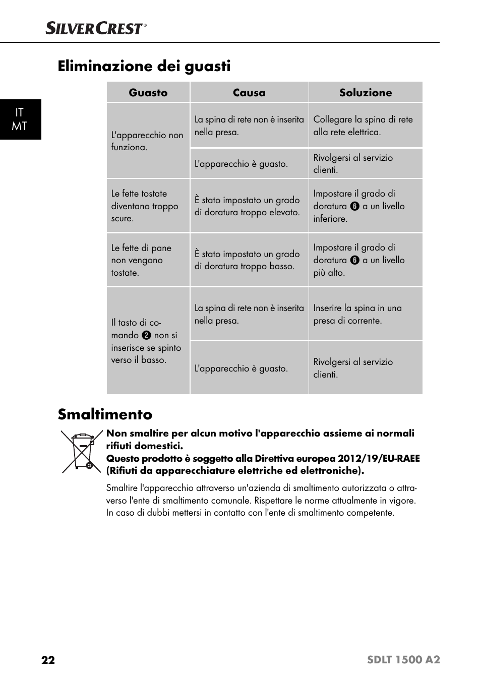 Eliminazione dei guasti, Smaltimento, It mt | Silvercrest SDLT 1500 A2 User Manual | Page 25 / 63