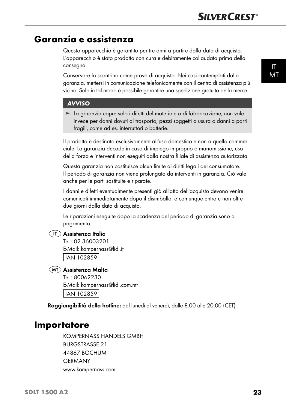 Garanzia e assistenza, Importatore, It mt | Silvercrest SDLT 1500 A2 User Manual | Page 26 / 63