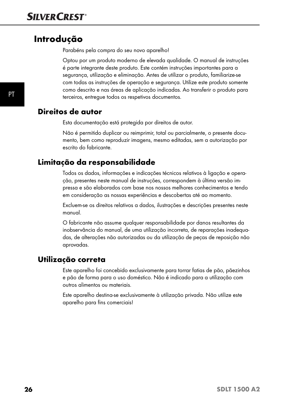 Introdução, Direitos de autor, Limitação da responsabilidade | Utilização correta | Silvercrest SDLT 1500 A2 User Manual | Page 29 / 63