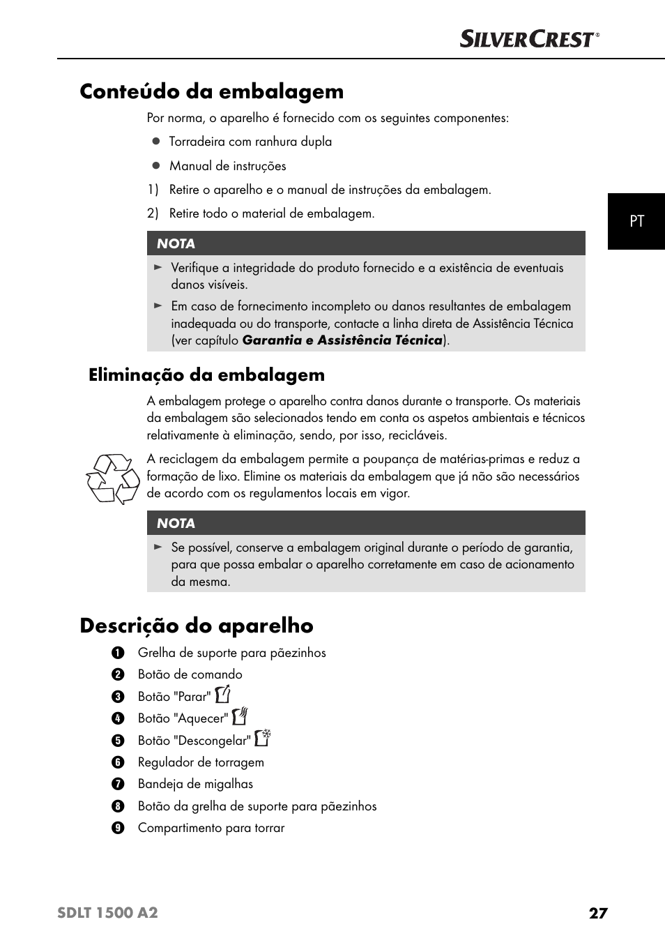 Conteúdo da embalagem, Descrição do aparelho, Eliminação da embalagem | Silvercrest SDLT 1500 A2 User Manual | Page 30 / 63