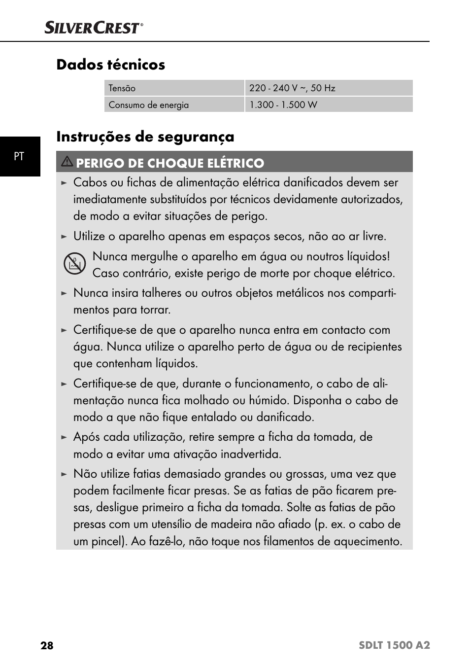 Dados técnicos, Instruções de segurança, Perigo de choque elétrico | Silvercrest SDLT 1500 A2 User Manual | Page 31 / 63