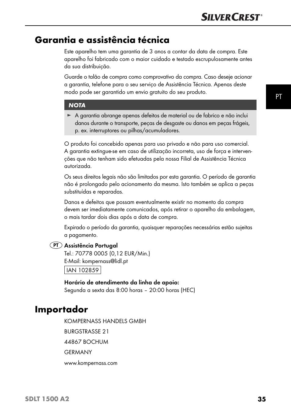 Garantia e assistência técnica, Importador | Silvercrest SDLT 1500 A2 User Manual | Page 38 / 63