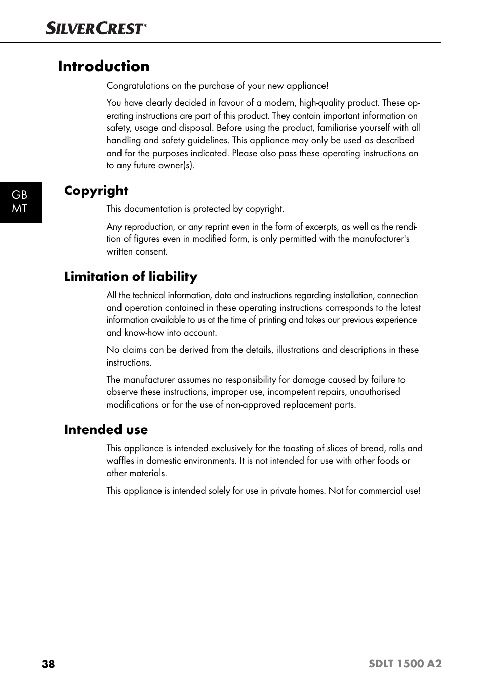 Introduction, Copyright, Limitation of liability | Intended use, Gb mt | Silvercrest SDLT 1500 A2 User Manual | Page 41 / 63