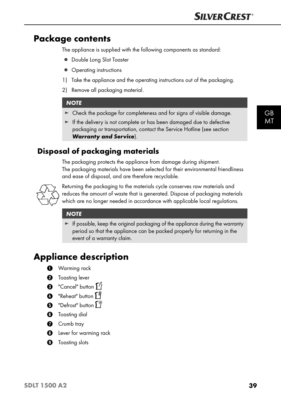 Package contents, Appliance description, Disposal of packaging materials | Gb mt | Silvercrest SDLT 1500 A2 User Manual | Page 42 / 63