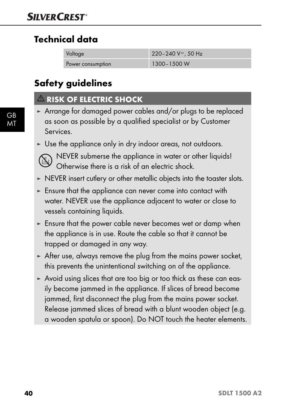 Technical data, Safety guidelines, Risk of electric shock | Silvercrest SDLT 1500 A2 User Manual | Page 43 / 63