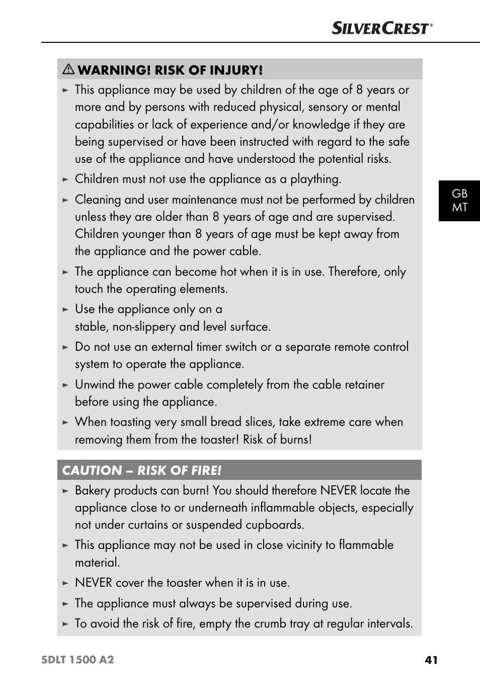 Warning! risk of injury, Children must not use the appliance as a plaything, Never cover the toaster when it is in use | The appliance must always be supervised during use | Silvercrest SDLT 1500 A2 User Manual | Page 44 / 63