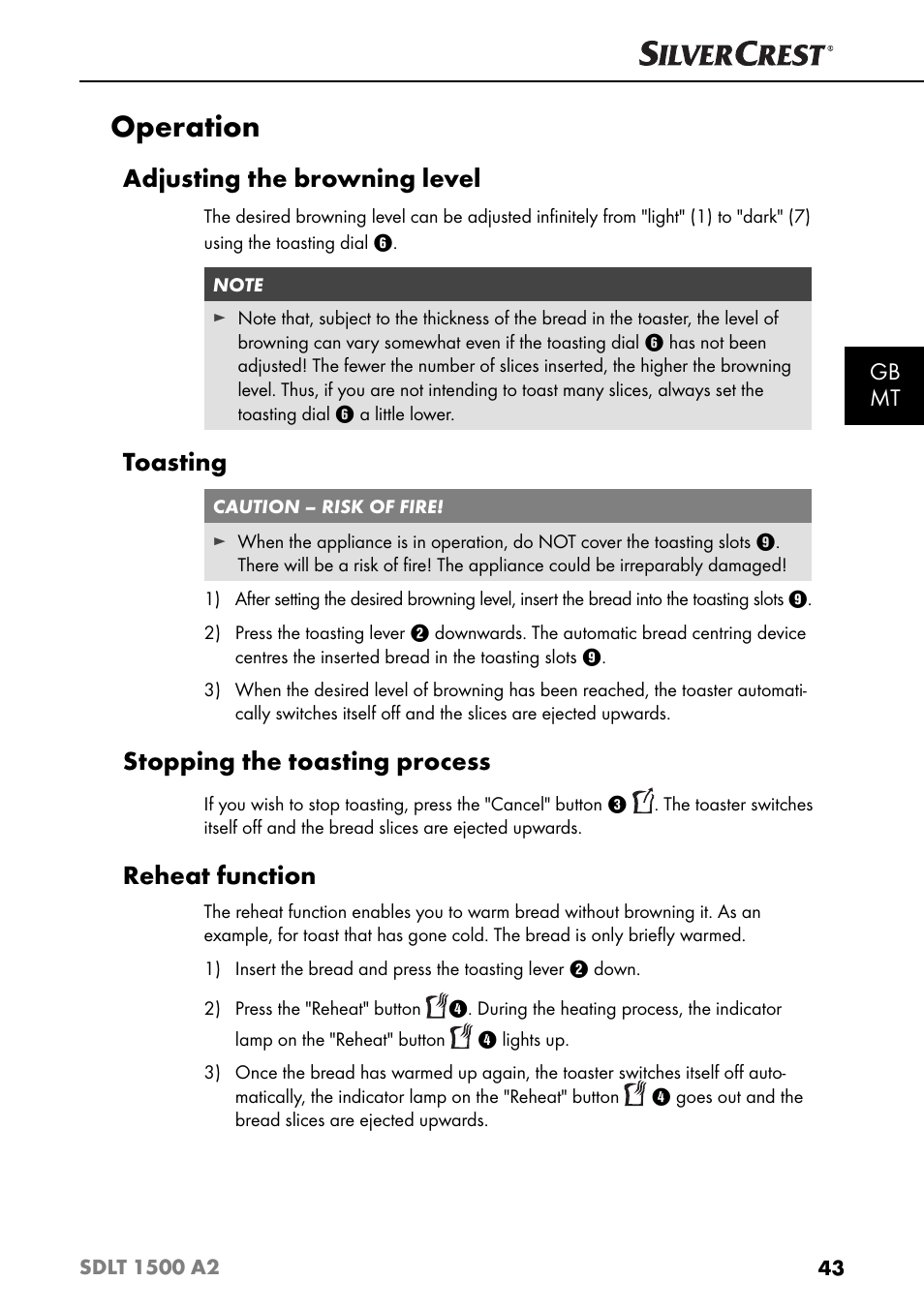 Operation, Adjusting the browning level, Toasting | Stopping the toasting process, Reheat function, Gb mt | Silvercrest SDLT 1500 A2 User Manual | Page 46 / 63