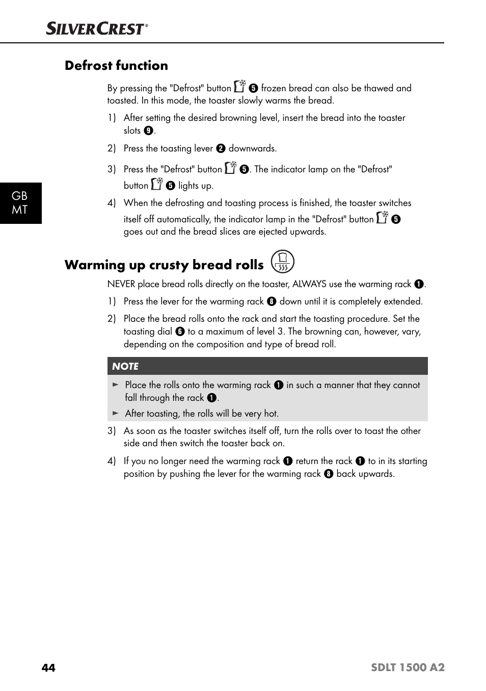 Defrost function, Warming up crusty bread rolls, Gb mt | Silvercrest SDLT 1500 A2 User Manual | Page 47 / 63