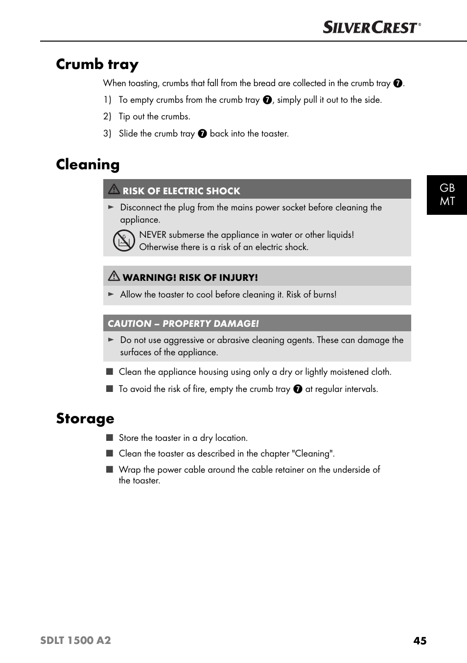 Crumb tray, Cleaning, Storage | Gb mt | Silvercrest SDLT 1500 A2 User Manual | Page 48 / 63
