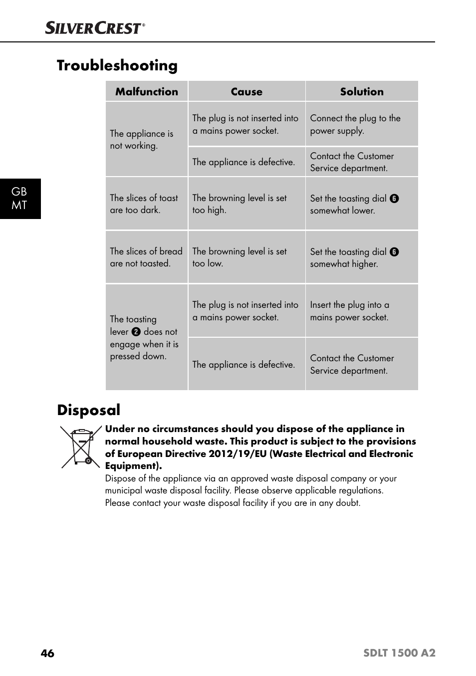 Troubleshooting, Disposal, Gb mt | Silvercrest SDLT 1500 A2 User Manual | Page 49 / 63