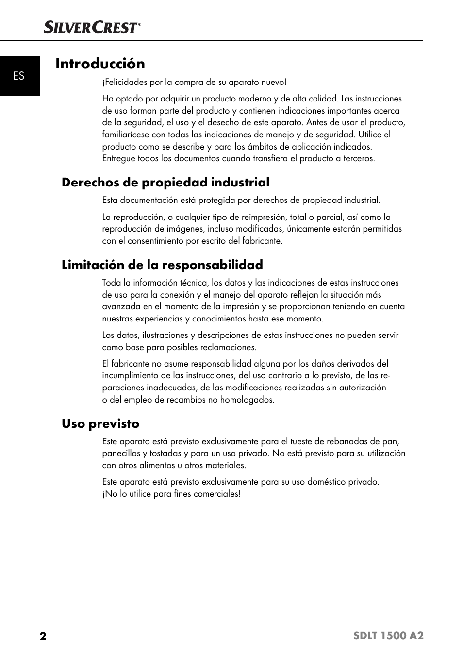Introducción, Derechos de propiedad industrial, Limitación de la responsabilidad | Uso previsto | Silvercrest SDLT 1500 A2 User Manual | Page 5 / 63