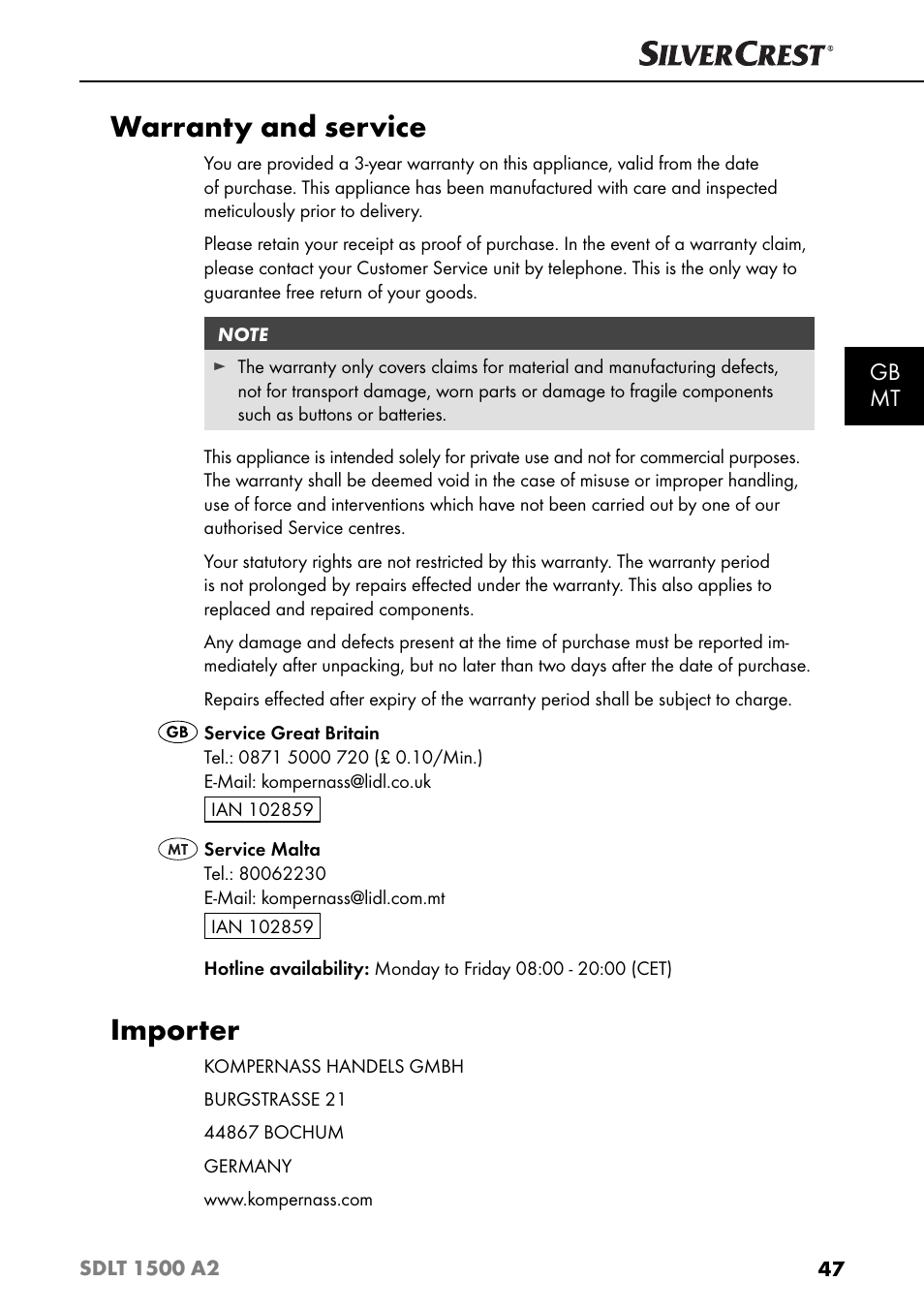 Warranty and service, Importer, Gb mt | Silvercrest SDLT 1500 A2 User Manual | Page 50 / 63