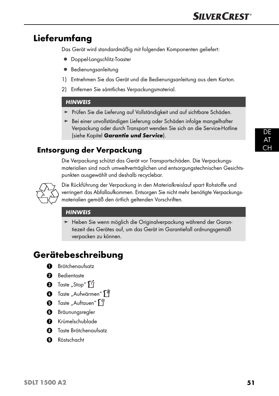 Lieferumfang, Gerätebeschreibung, Entsorgung der verpackung | De at ch | Silvercrest SDLT 1500 A2 User Manual | Page 54 / 63