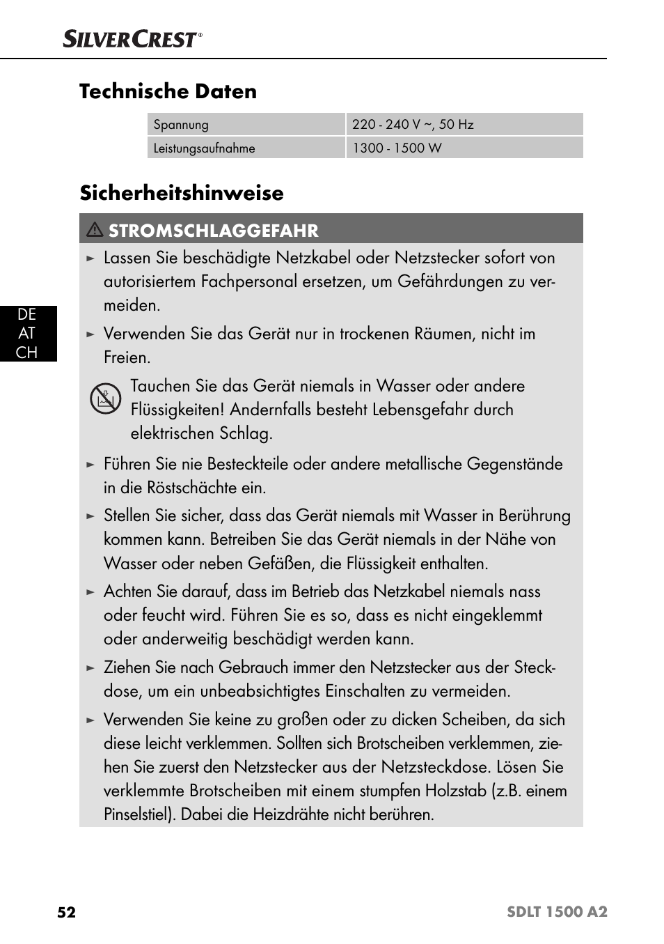 Technische daten, Sicherheitshinweise, Stromschlaggefahr | Silvercrest SDLT 1500 A2 User Manual | Page 55 / 63