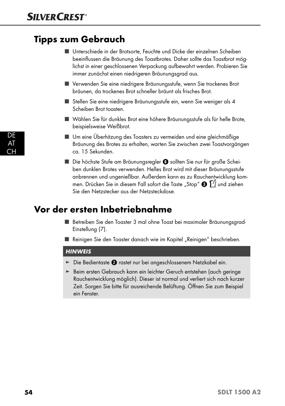Tipps zum gebrauch, Vor der ersten inbetriebnahme, De at ch | Silvercrest SDLT 1500 A2 User Manual | Page 57 / 63