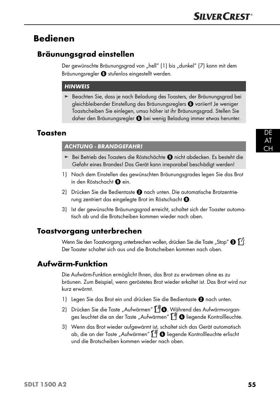 Bedienen, Bräunungsgrad einstellen, Toasten | Toastvorgang unterbrechen, Aufwärm-funktion, De at ch | Silvercrest SDLT 1500 A2 User Manual | Page 58 / 63