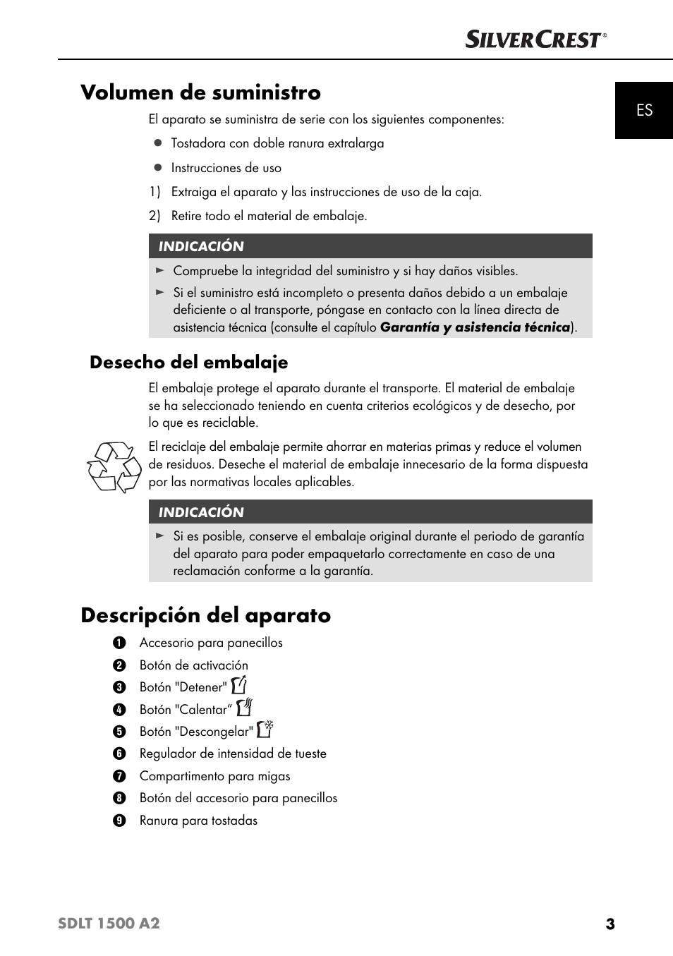 Volumen de suministro, Descripción del aparato, Desecho del embalaje | Silvercrest SDLT 1500 A2 User Manual | Page 6 / 63