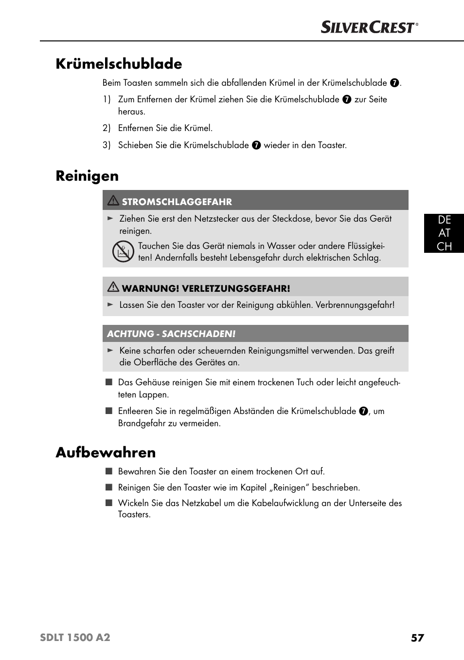 Krümelschublade, Reinigen, Aufbewahren | De at ch | Silvercrest SDLT 1500 A2 User Manual | Page 60 / 63