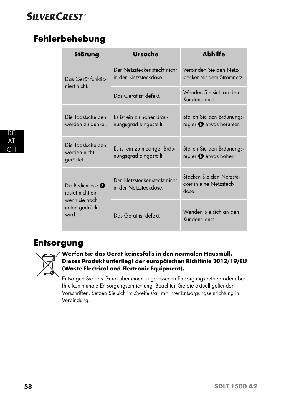 Fehlerbehebung, Entsorgung, De at ch | Silvercrest SDLT 1500 A2 User Manual | Page 61 / 63