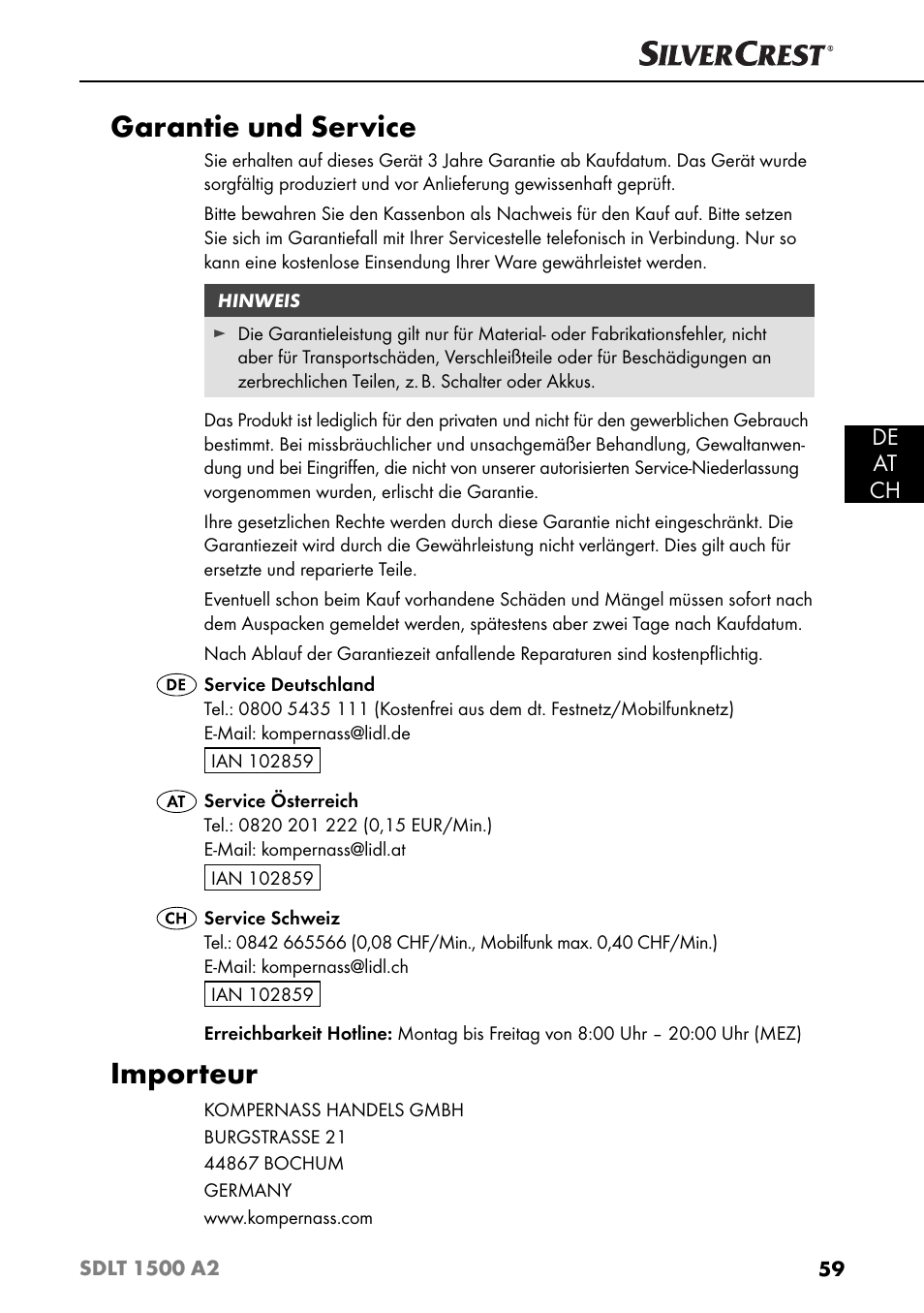 Garantie und service, Importeur, De at ch | Silvercrest SDLT 1500 A2 User Manual | Page 62 / 63