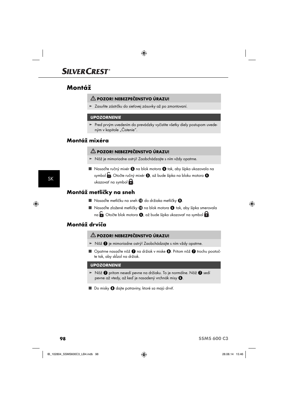 Montáž, Montáž mixéra, Montáž metličky na sneh | Montáž drviča | Silvercrest SSMS 600 C3 User Manual | Page 101 / 130
