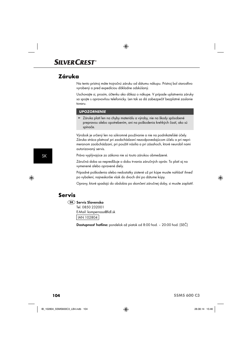 Záruka, Servis | Silvercrest SSMS 600 C3 User Manual | Page 107 / 130