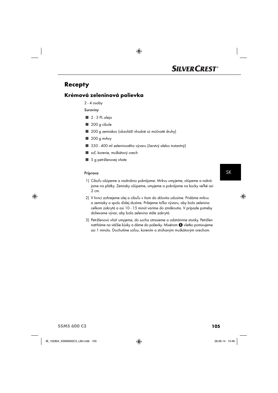 Recepty, Krémová zeleninová polievka | Silvercrest SSMS 600 C3 User Manual | Page 108 / 130