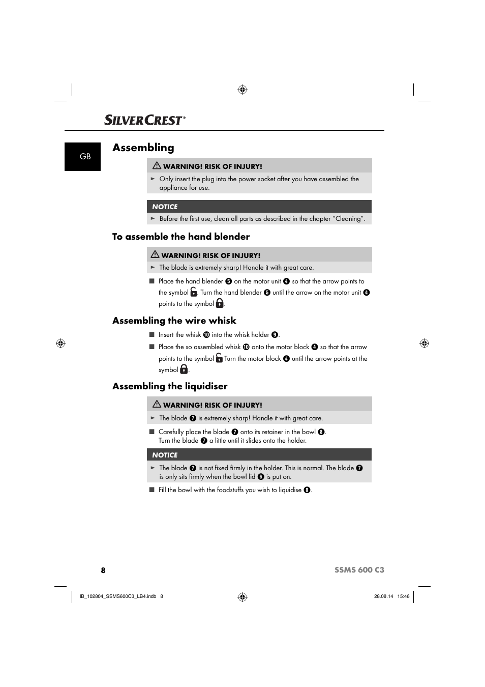 Assembling, Assembling the wire whisk, Assembling the liquidiser | Silvercrest SSMS 600 C3 User Manual | Page 11 / 130