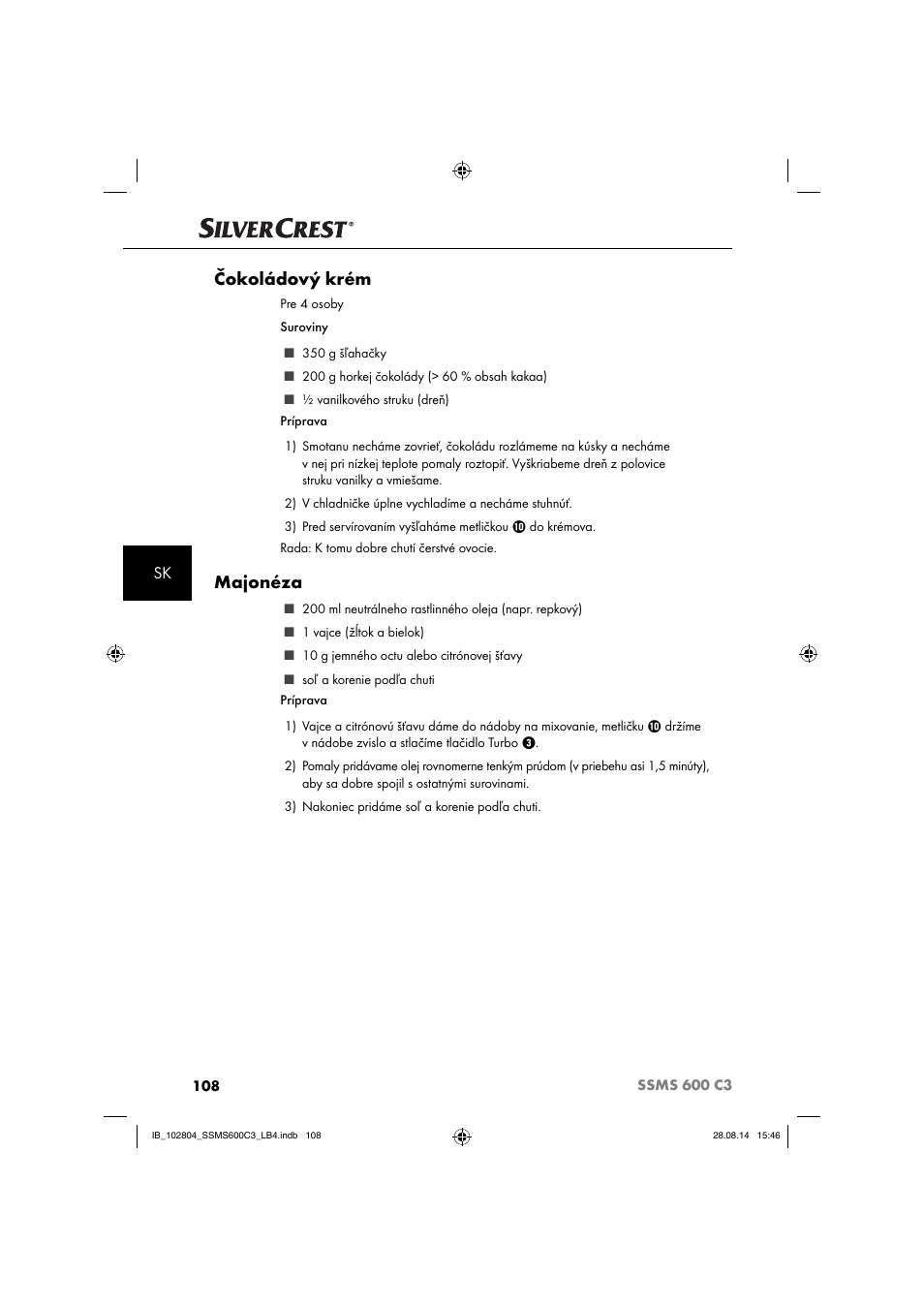 Čokoládový krém, Majonéza | Silvercrest SSMS 600 C3 User Manual | Page 111 / 130