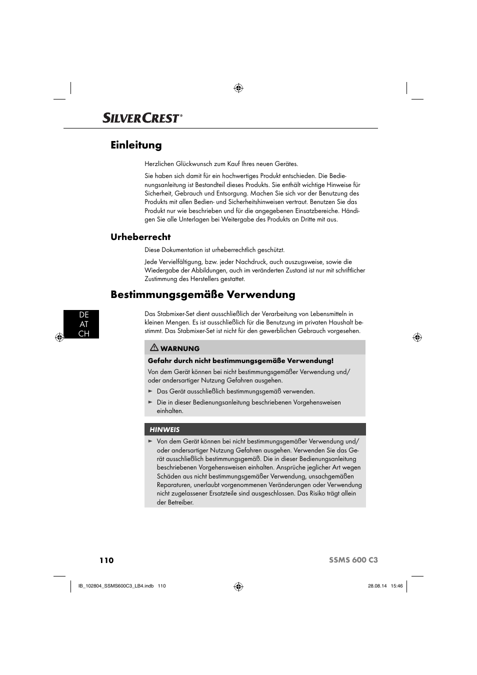 Einleitung, Bestimmungsgemäße verwendung, Urheberrecht | De at ch | Silvercrest SSMS 600 C3 User Manual | Page 113 / 130