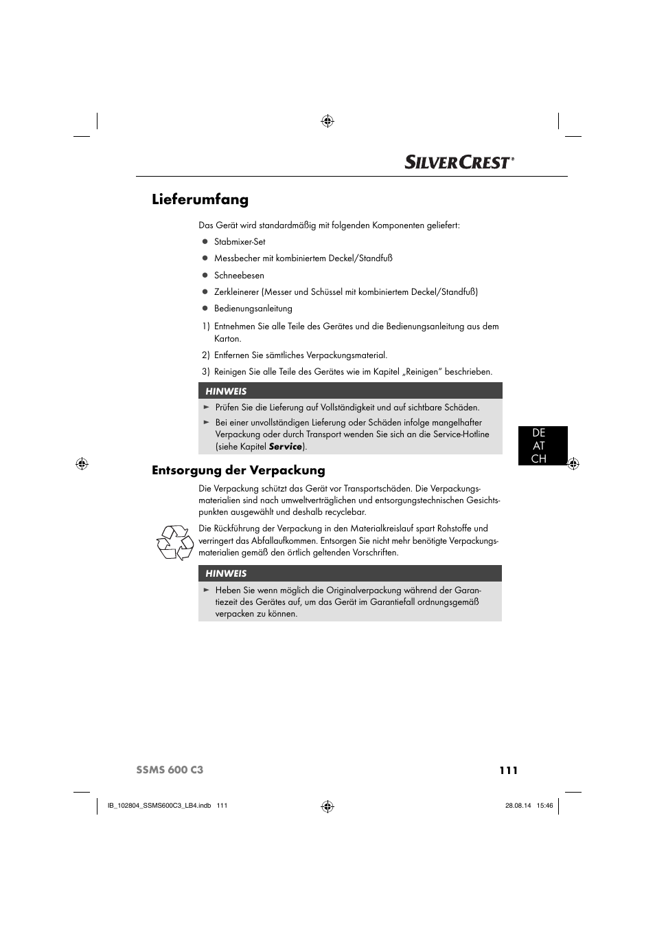 Lieferumfang, Entsorgung der verpackung, De at ch | Silvercrest SSMS 600 C3 User Manual | Page 114 / 130