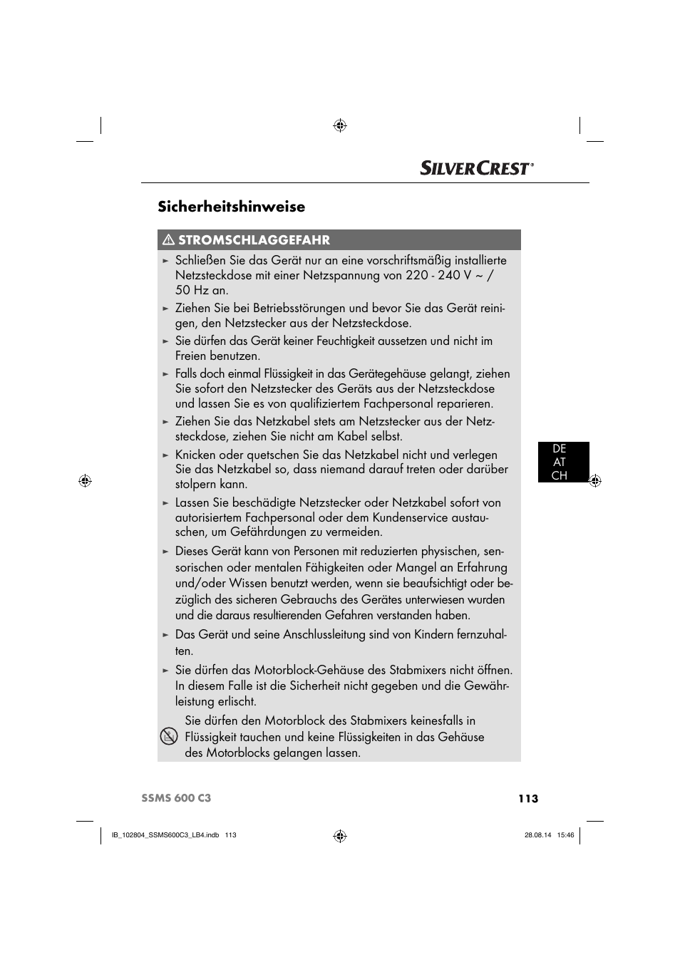 Sicherheitshinweise, Stromschlaggefahr | Silvercrest SSMS 600 C3 User Manual | Page 116 / 130