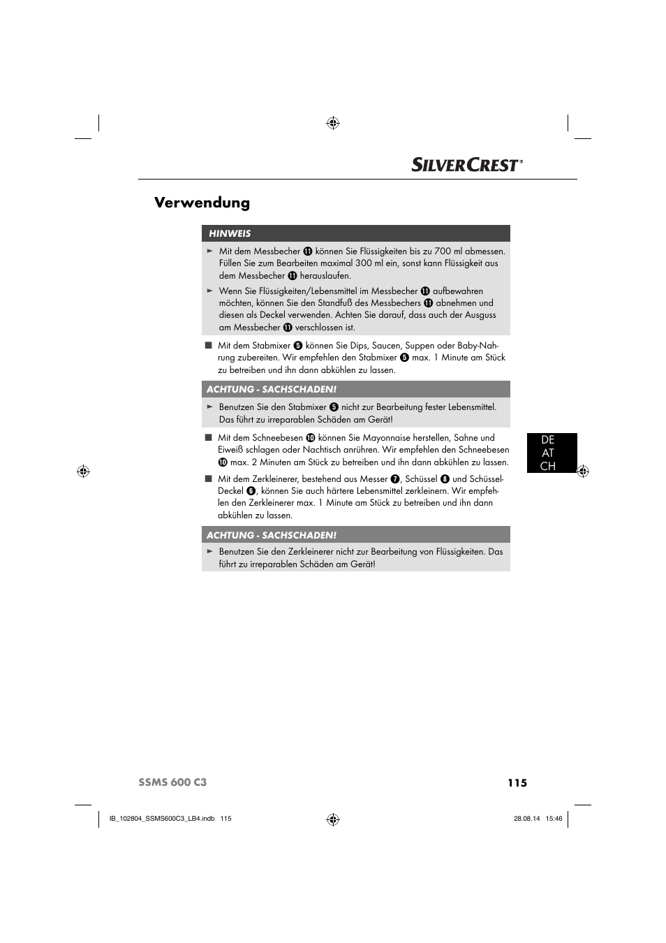 Verwendung, De at ch | Silvercrest SSMS 600 C3 User Manual | Page 118 / 130