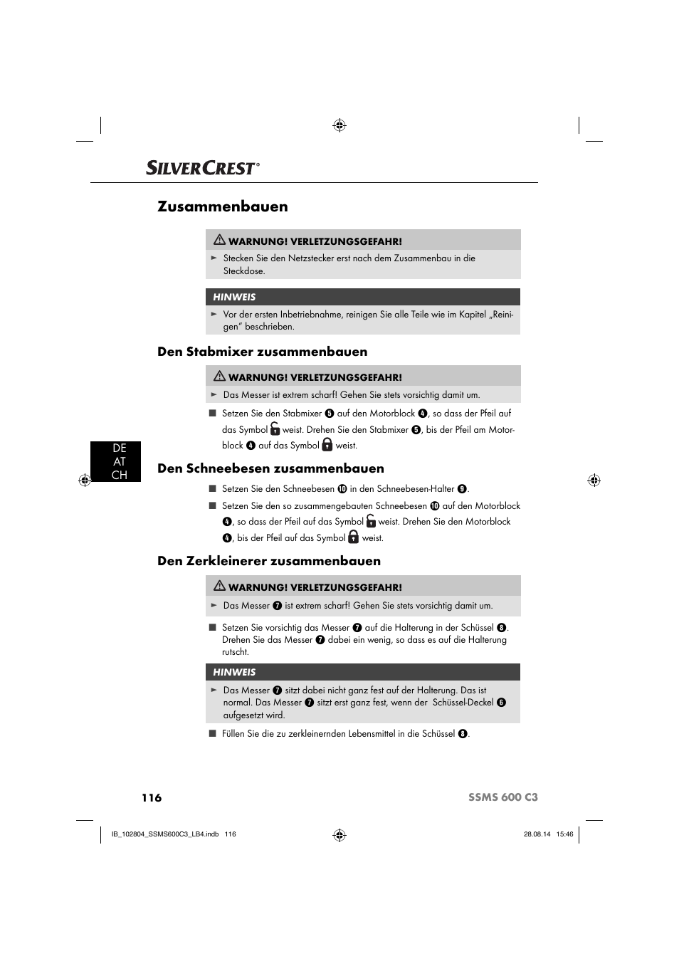 Zusammenbauen, Den stabmixer zusammenbauen, Den schneebesen zusammenbauen | Den zerkleinerer zusammenbauen, De at ch | Silvercrest SSMS 600 C3 User Manual | Page 119 / 130