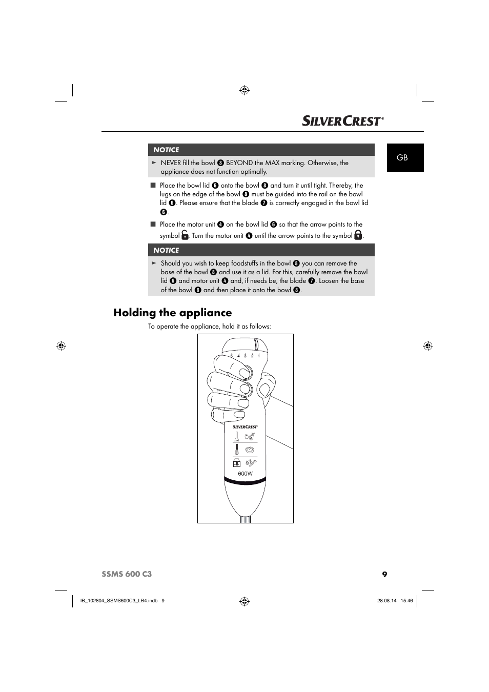Holding the appliance | Silvercrest SSMS 600 C3 User Manual | Page 12 / 130