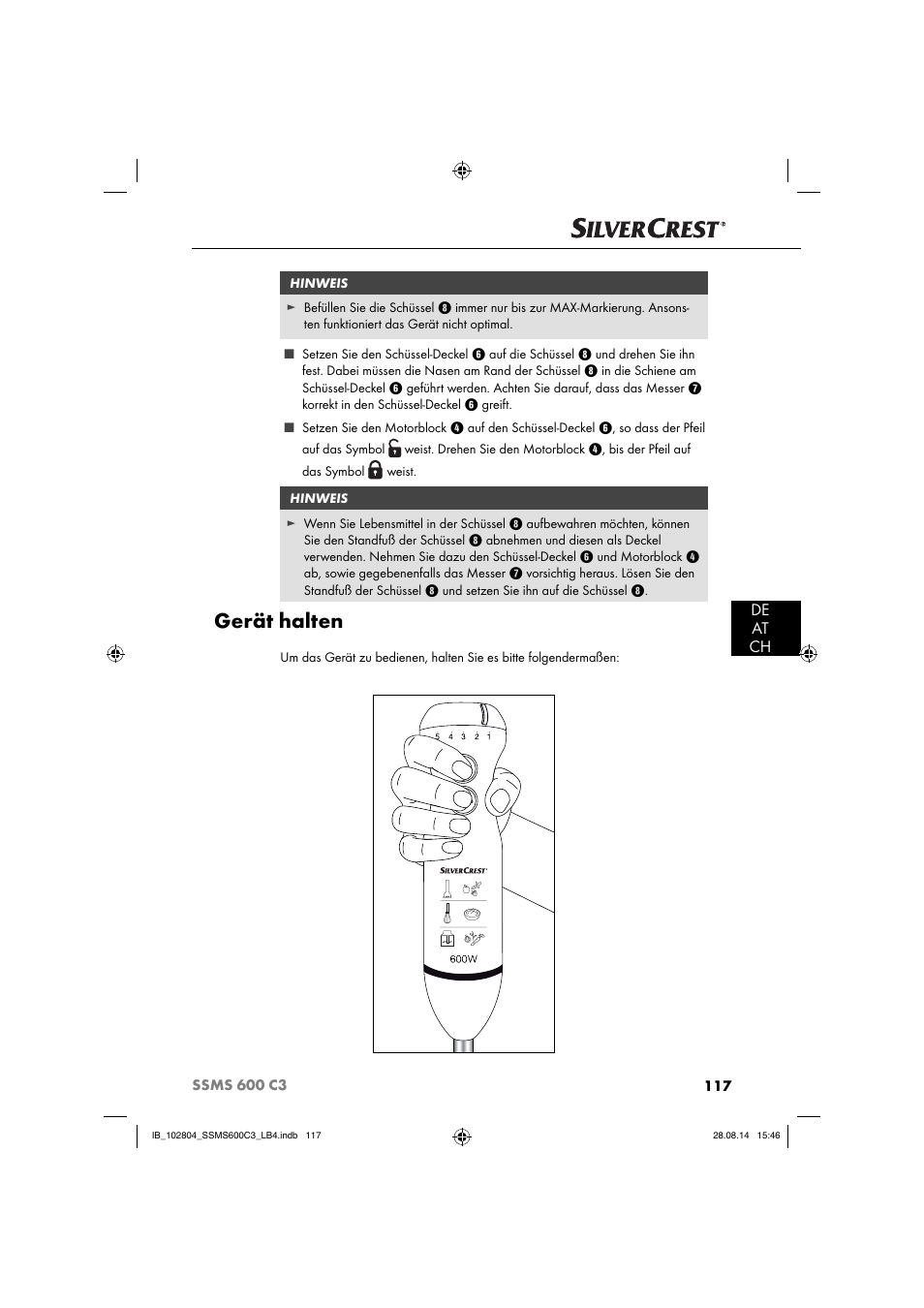 Gerät halten, De at ch | Silvercrest SSMS 600 C3 User Manual | Page 120 / 130