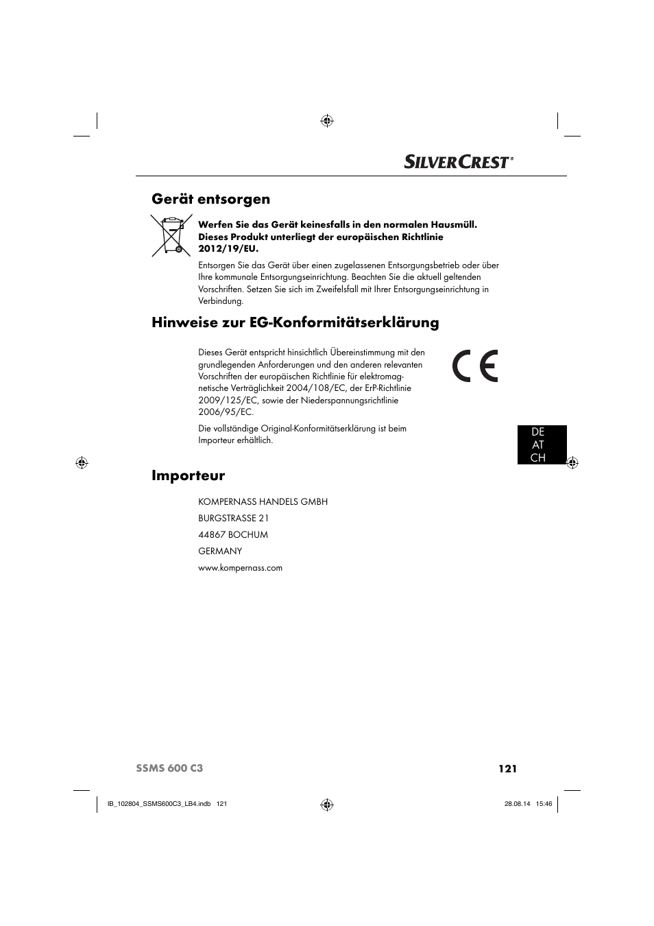 Gerät entsorgen, Hinweise zur eg-konformitätserklärung, Importeur | De at ch | Silvercrest SSMS 600 C3 User Manual | Page 124 / 130