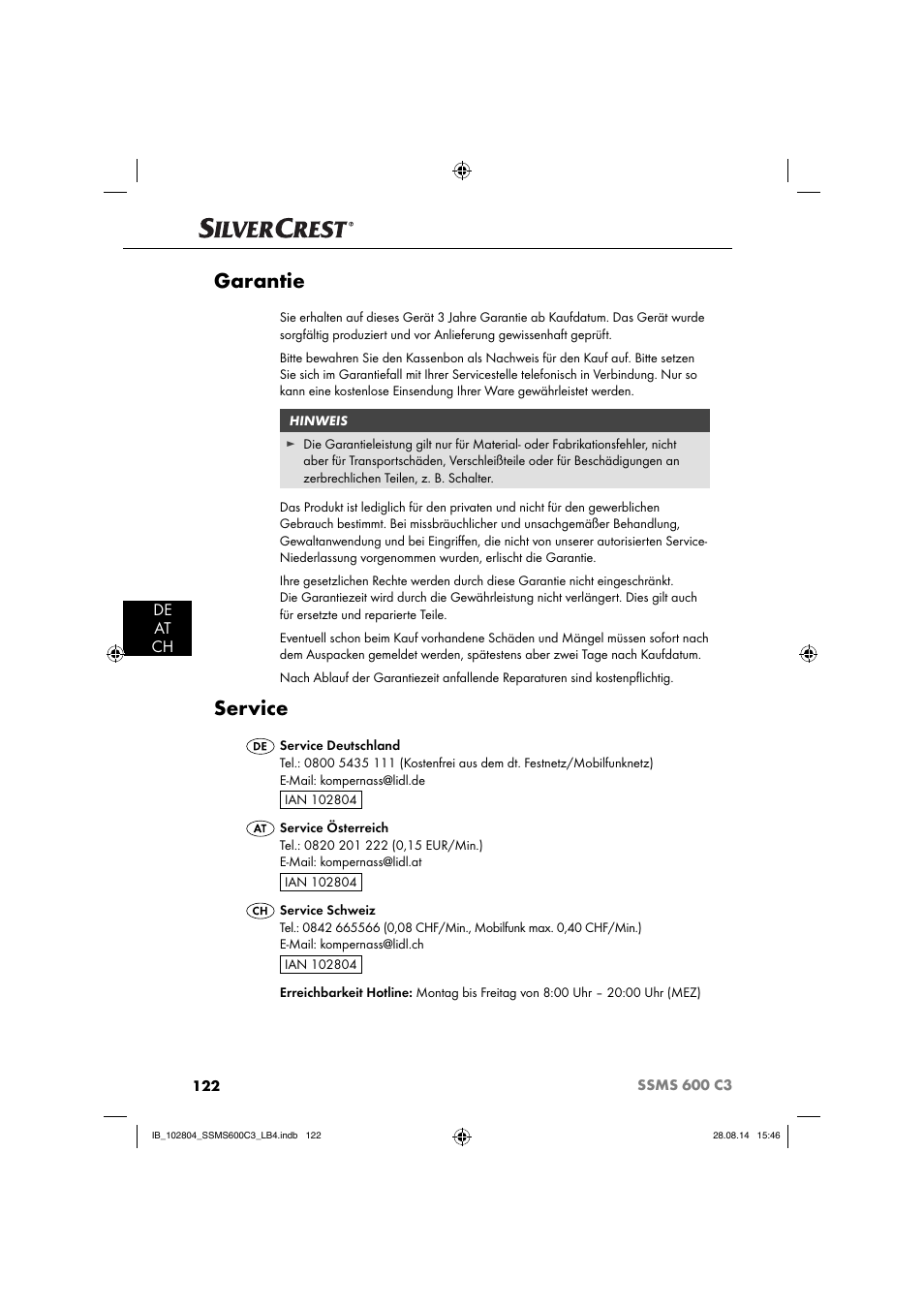 Garantie, Service, De at ch | Silvercrest SSMS 600 C3 User Manual | Page 125 / 130