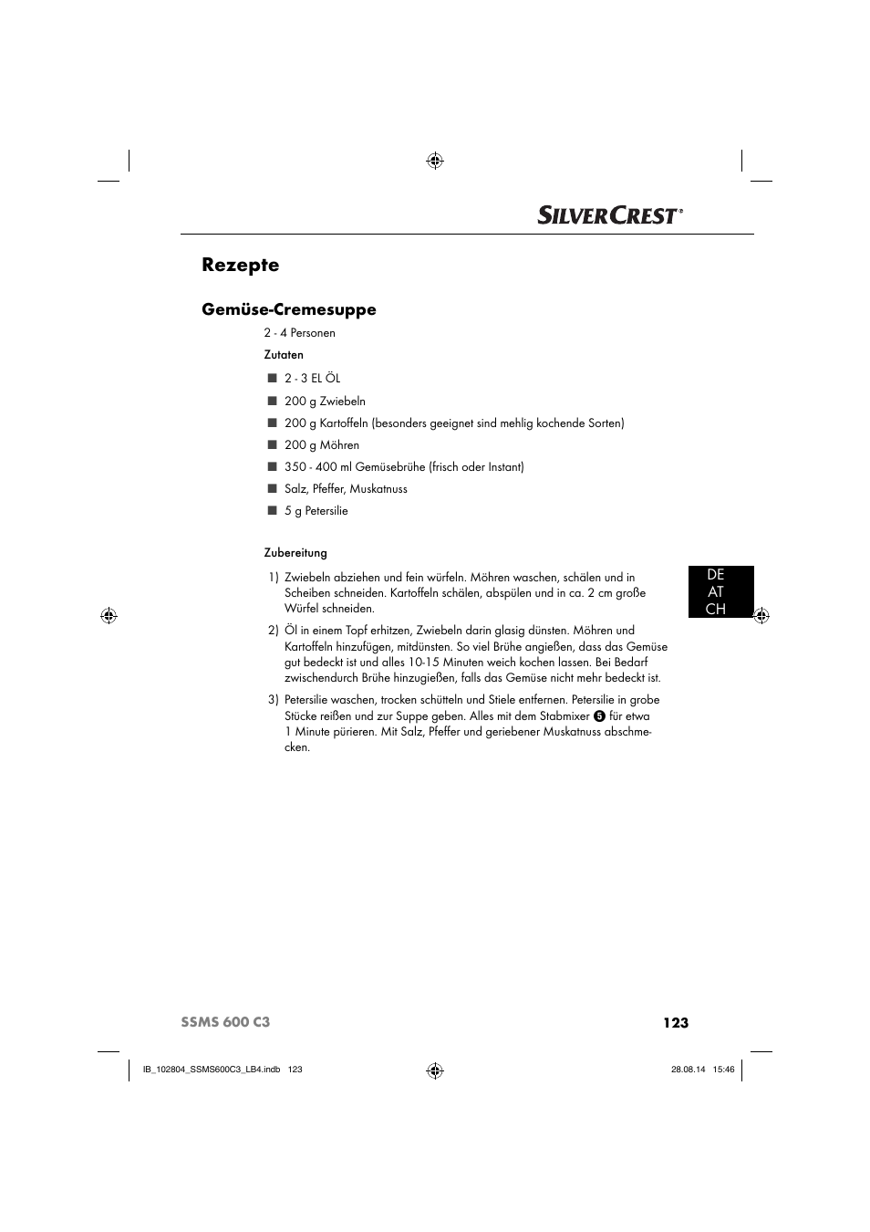 Rezepte, Gemüse-cremesuppe, De at ch | Silvercrest SSMS 600 C3 User Manual | Page 126 / 130