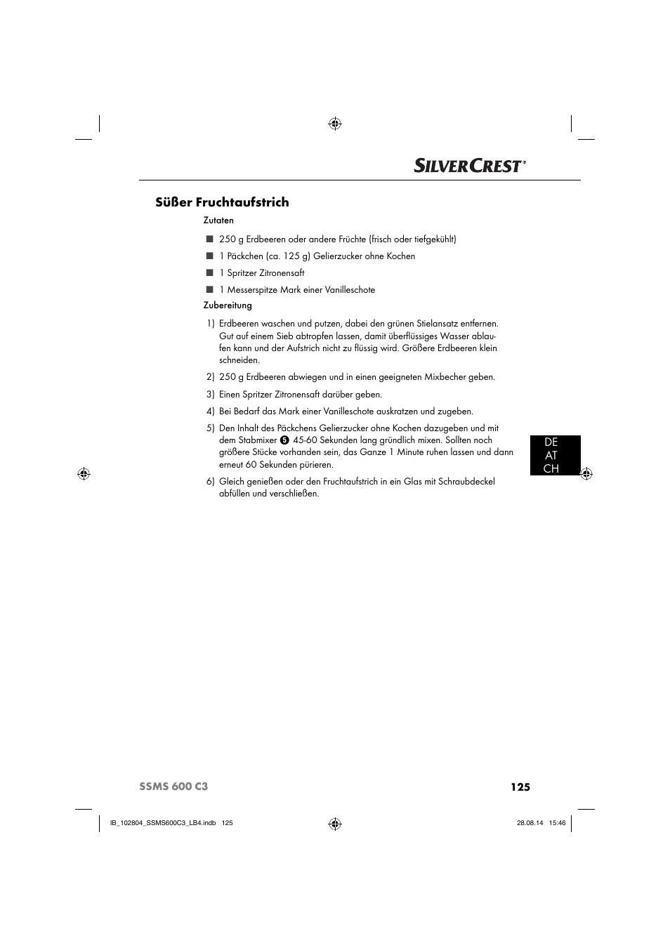 Süßer fruchtaufstrich, De at ch | Silvercrest SSMS 600 C3 User Manual | Page 128 / 130