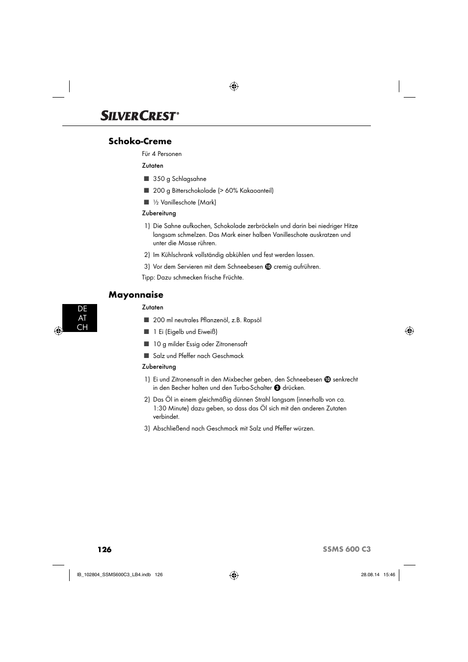 Schoko-creme, Mayonnaise, De at ch | Silvercrest SSMS 600 C3 User Manual | Page 129 / 130