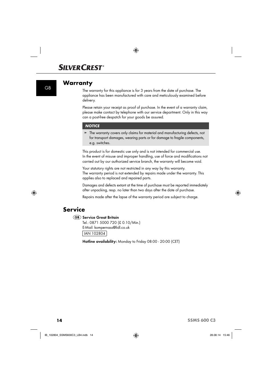 Warranty, Service | Silvercrest SSMS 600 C3 User Manual | Page 17 / 130