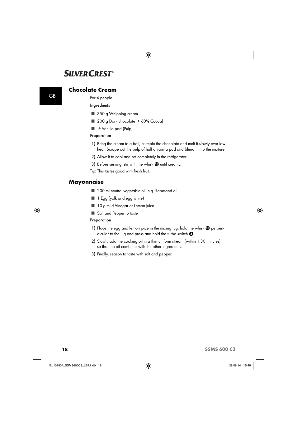 Chocolate cream, Mayonnaise | Silvercrest SSMS 600 C3 User Manual | Page 21 / 130