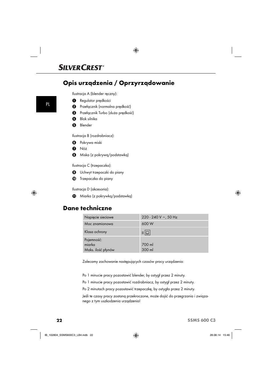 Opis urządzenia / oprzyrządowanie, Dane techniczne | Silvercrest SSMS 600 C3 User Manual | Page 25 / 130