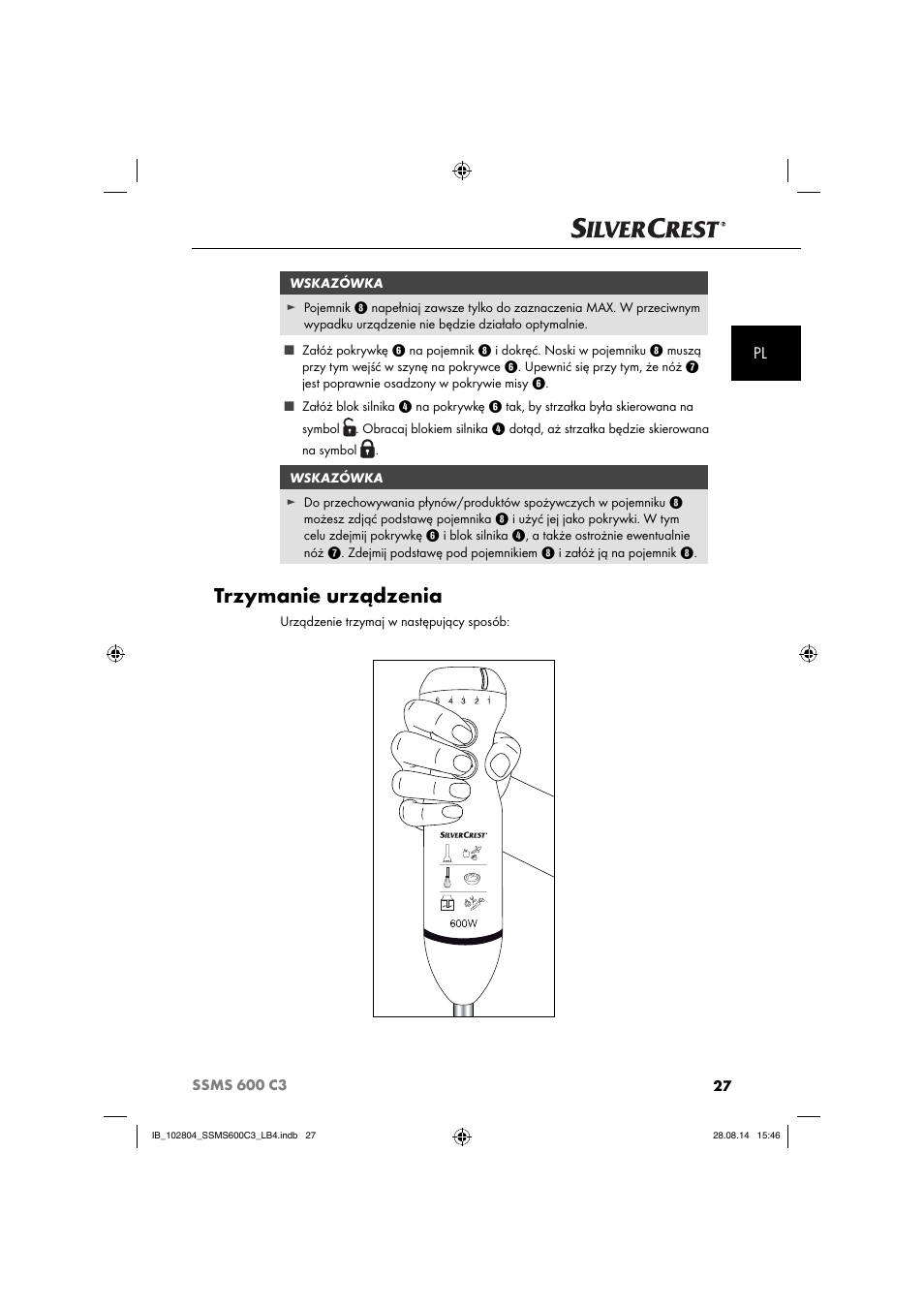 Trzymanie urządzenia | Silvercrest SSMS 600 C3 User Manual | Page 30 / 130