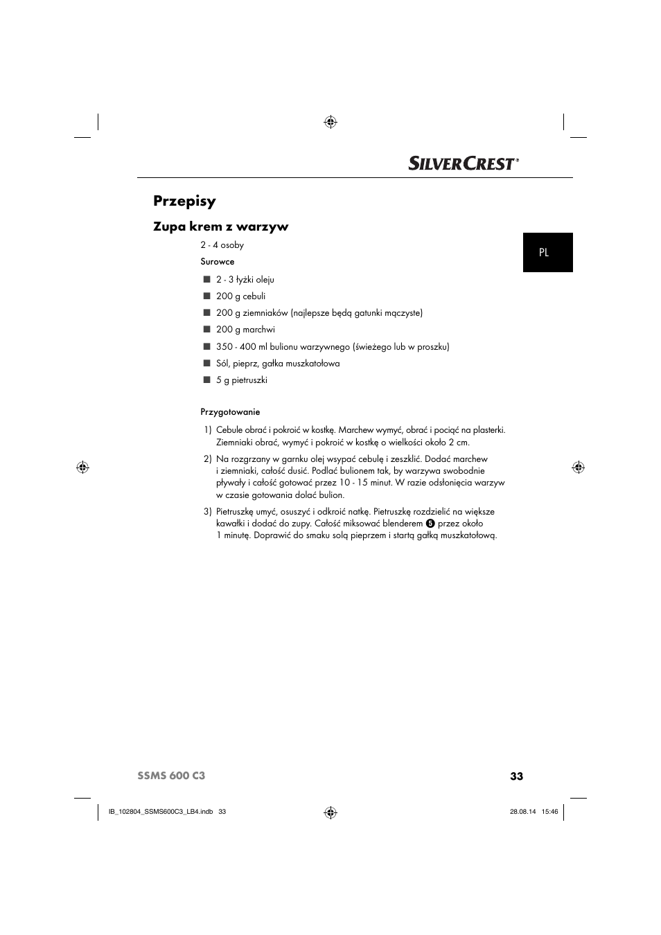 Przepisy, Zupa krem z warzyw | Silvercrest SSMS 600 C3 User Manual | Page 36 / 130