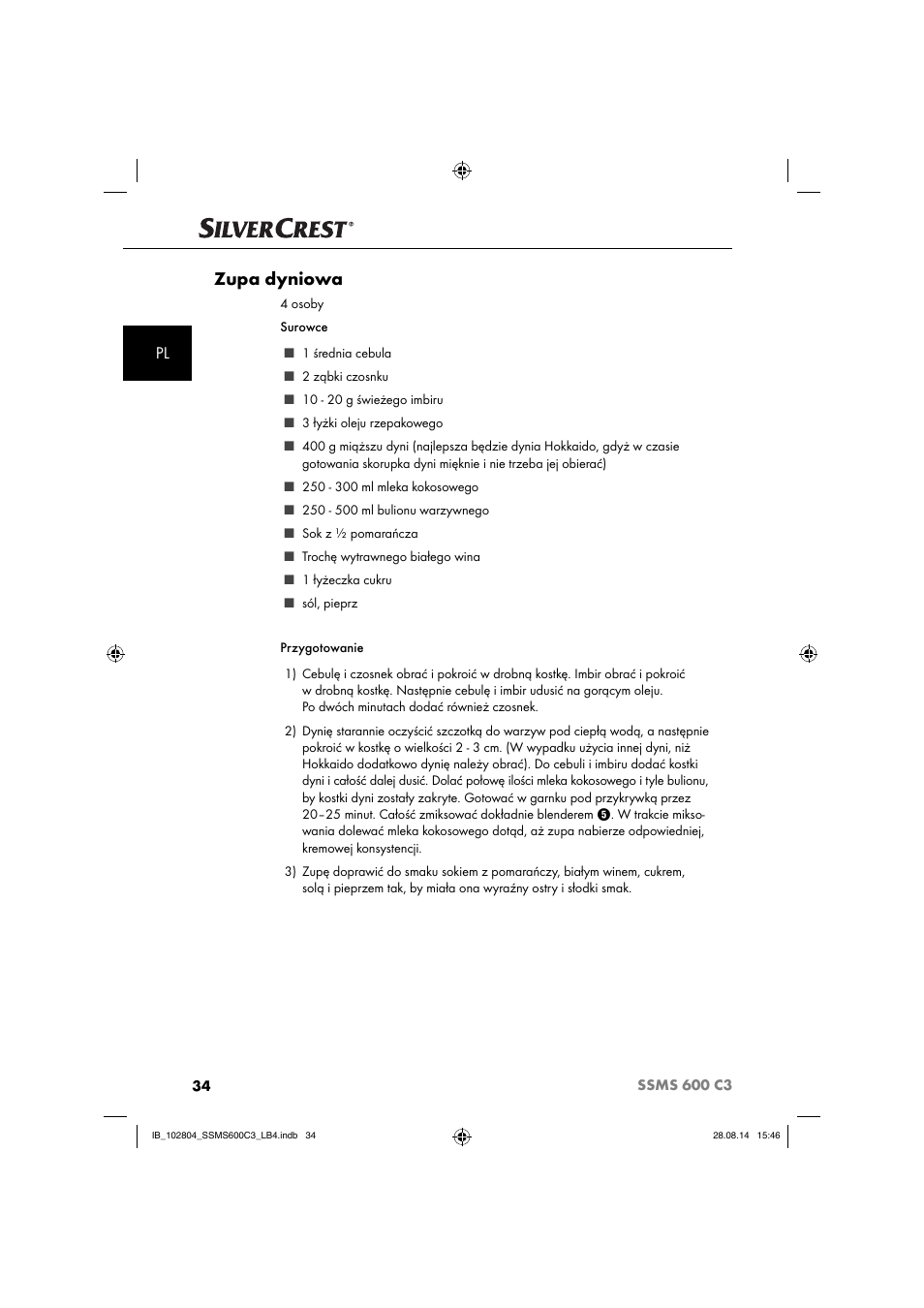 Zupa dyniowa | Silvercrest SSMS 600 C3 User Manual | Page 37 / 130